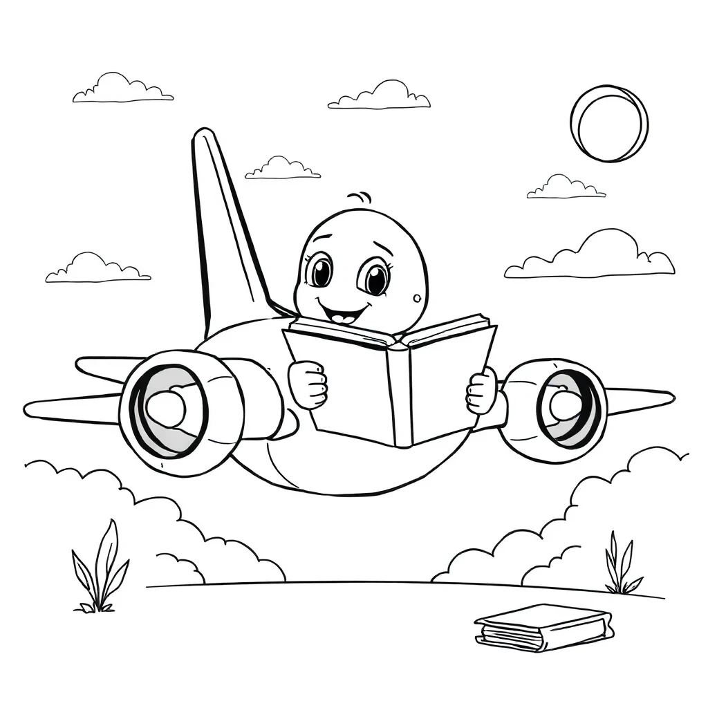 Airplanes a jet airplane reading a book — classic airplanes coloring page (ages 5–10)