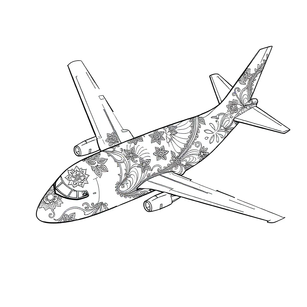 Airplanes a jet airplane sleeping curled up — detailed airplanes coloring page (ages 9+ & adults)
