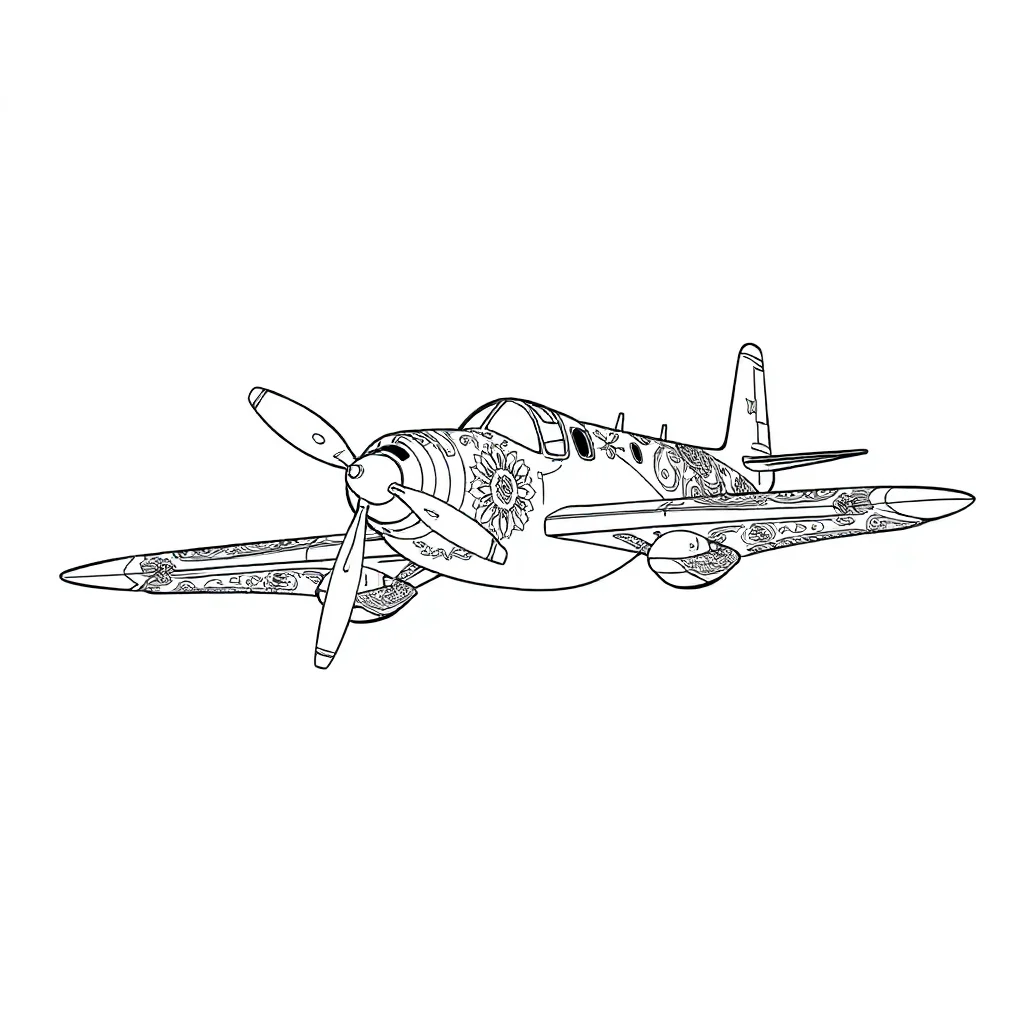 Airplanes a propeller plane dancing — detailed airplanes coloring page (ages 9+ & adults)