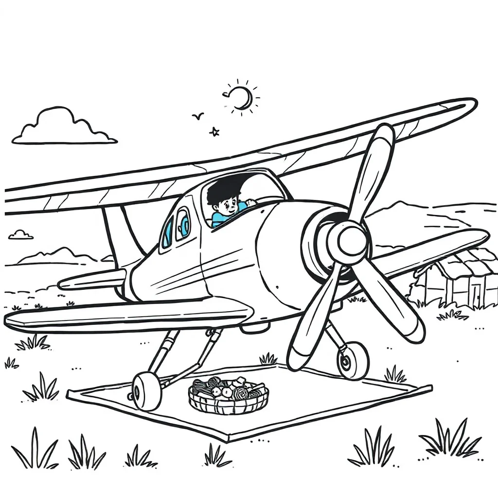 Airplanes a propeller plane having a picnic — classic airplanes coloring page (ages 5–10)