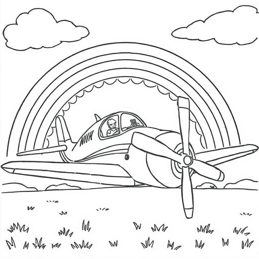 Airplanes a propeller plane under a rainbow — classic airplanes coloring page (ages 5–10)