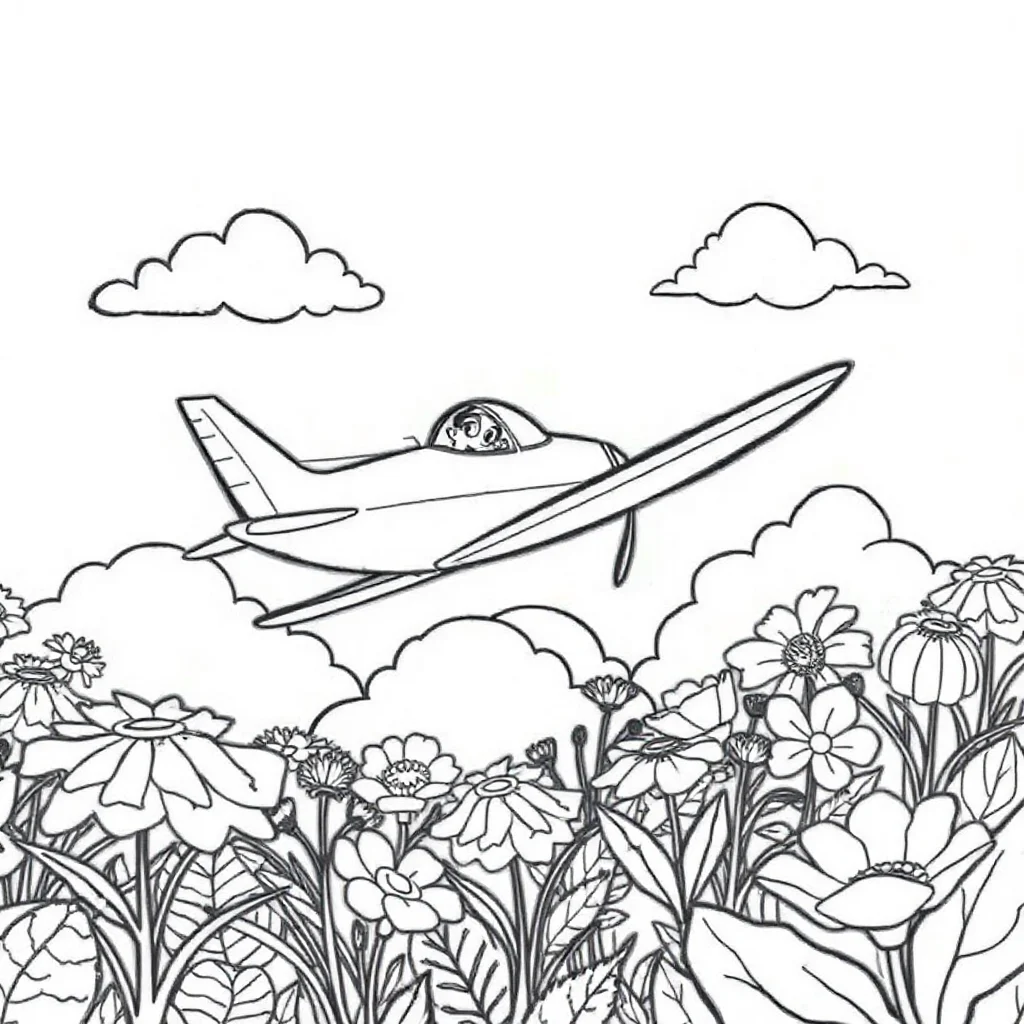 Airplanes an airplane in the clouds in a flower garden — classic airplanes coloring page (ages 5–10)