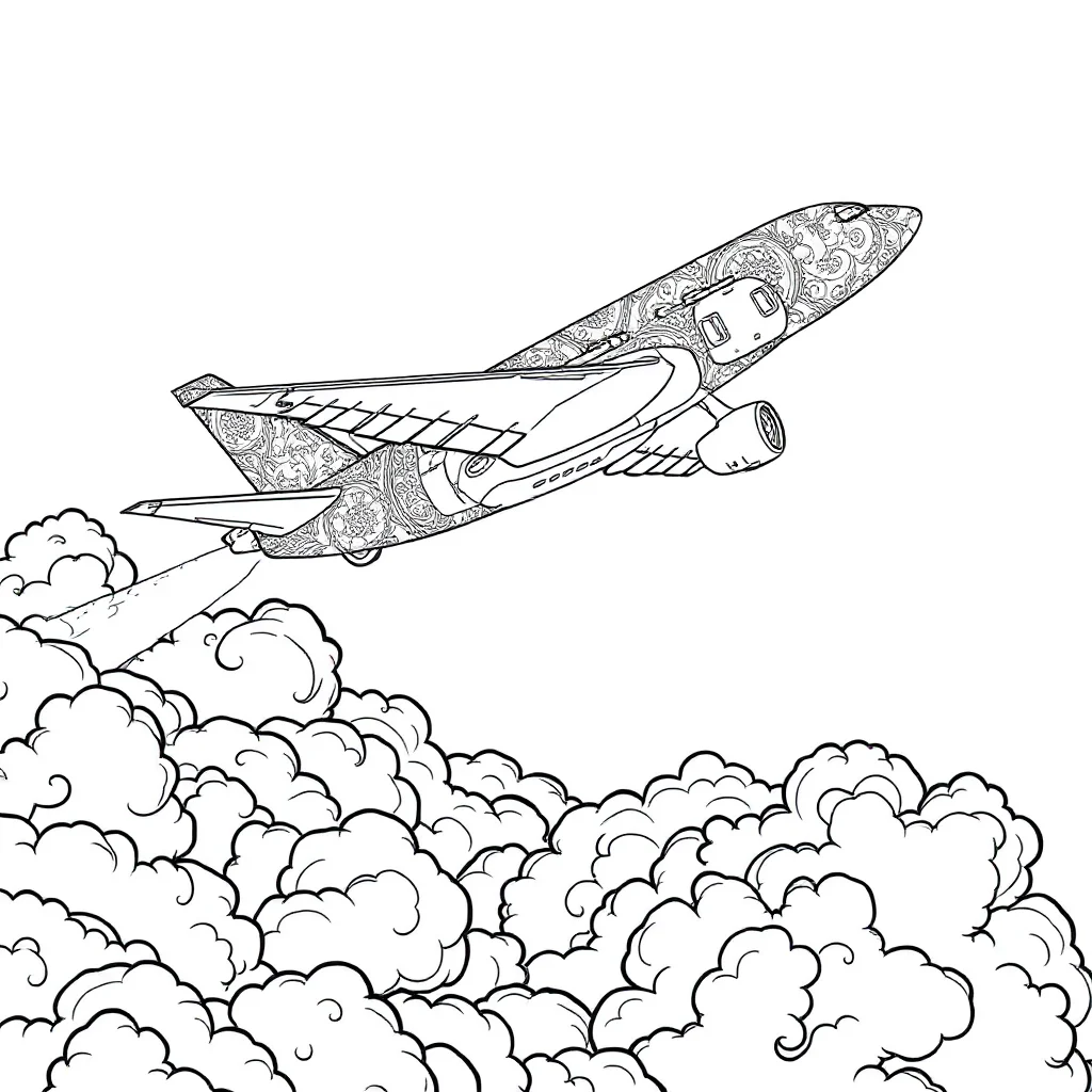 Airplanes an airplane in the clouds leaping mid air — detailed airplanes coloring page (ages 9+ & adults)