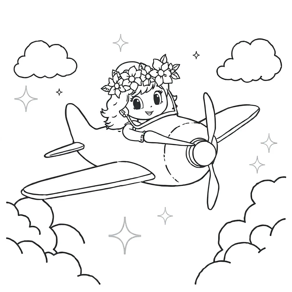Airplanes an airplane in the clouds wearing a flower crown — classic airplanes coloring page (ages 5–10)