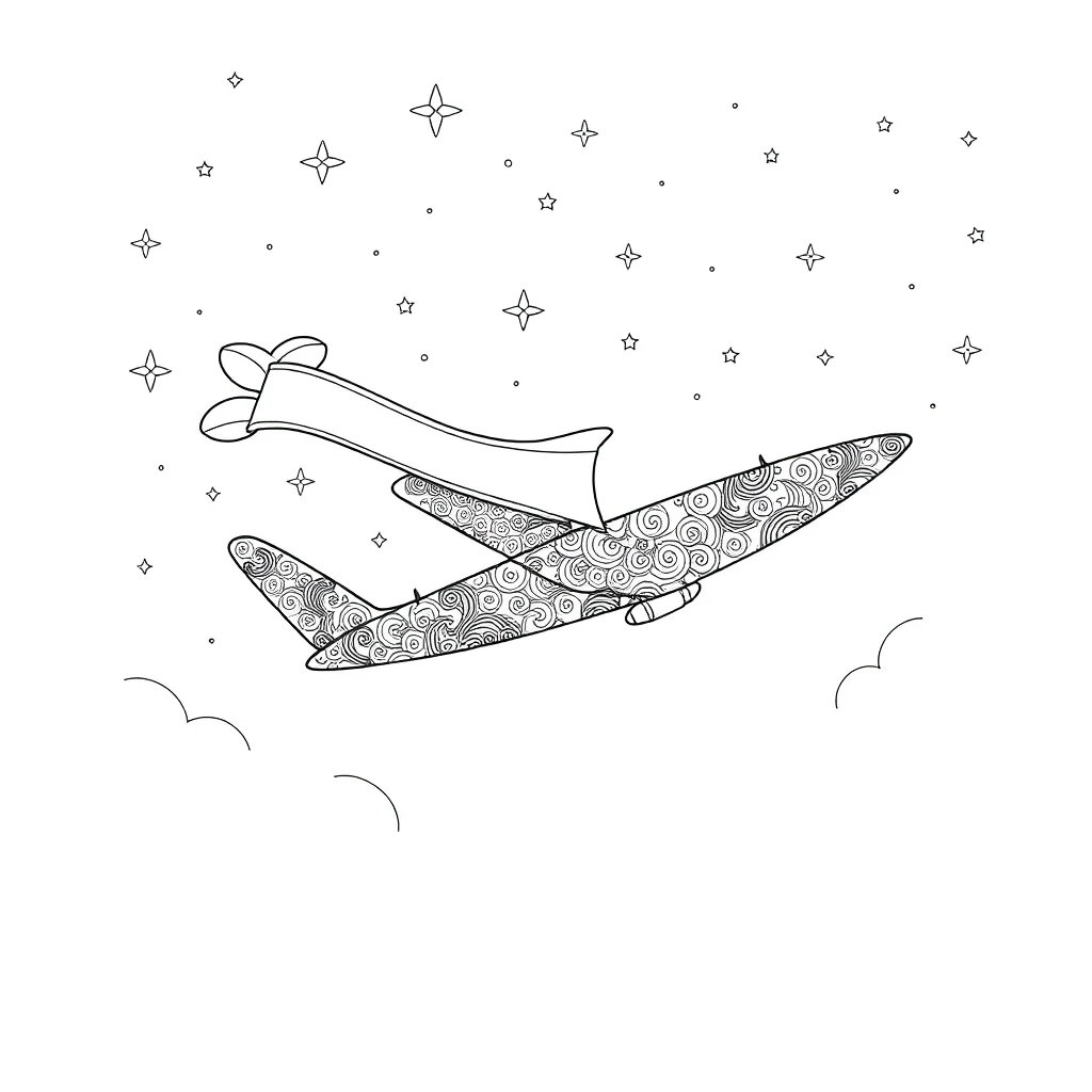 Airplanes an airplane with a banner under the night sky with stars — detailed airplanes coloring page (ages 9+ & adults)