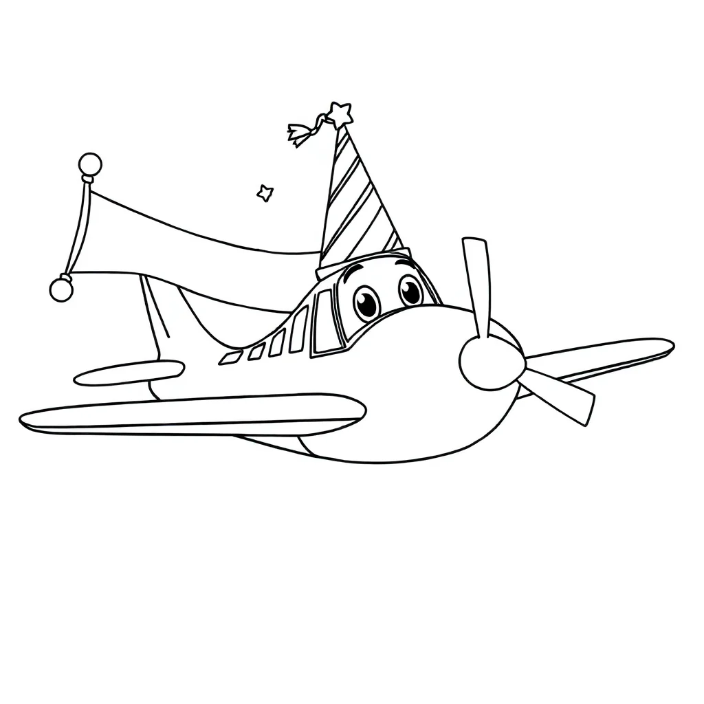 Airplanes an airplane with a banner wearing a party hat — classic airplanes coloring page (ages 5–10)