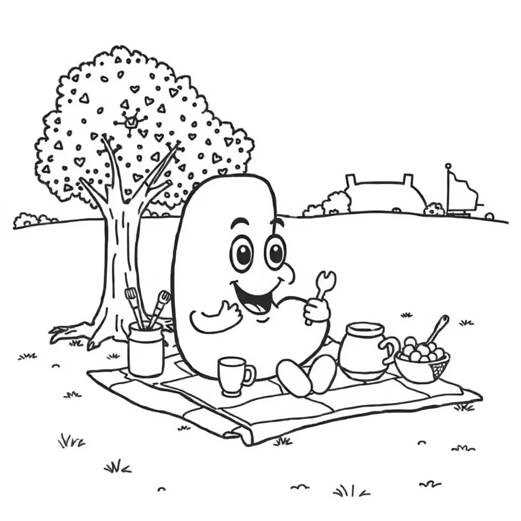 Alphabet a bubble letter having a picnic — classic alphabet coloring page (ages 5–10)