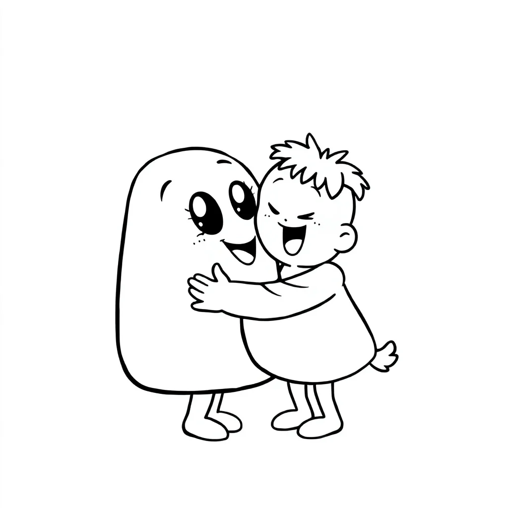 Alphabet a bubble letter hugging a friend — easy alphabet coloring page (ages 2–5)