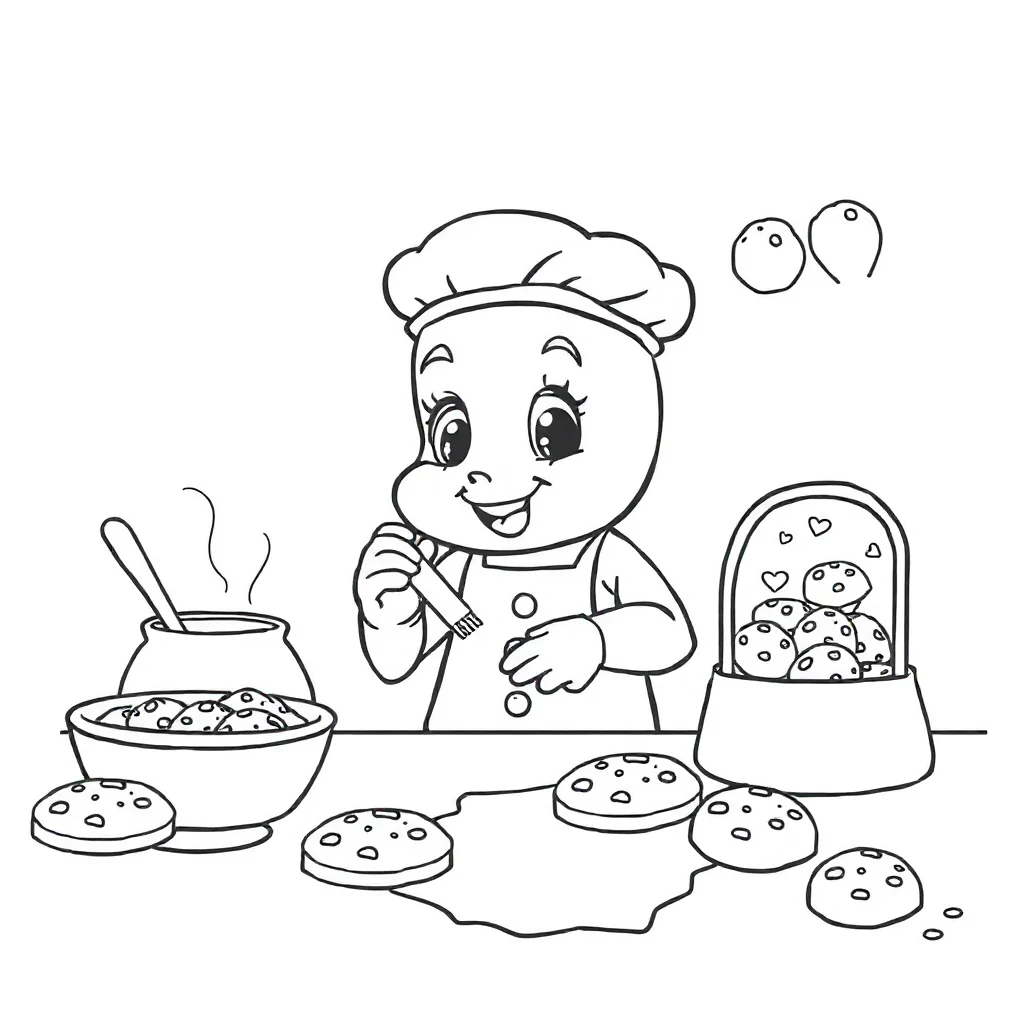 Alphabet an alphabet letter baking cookies — classic alphabet coloring page (ages 5–10)