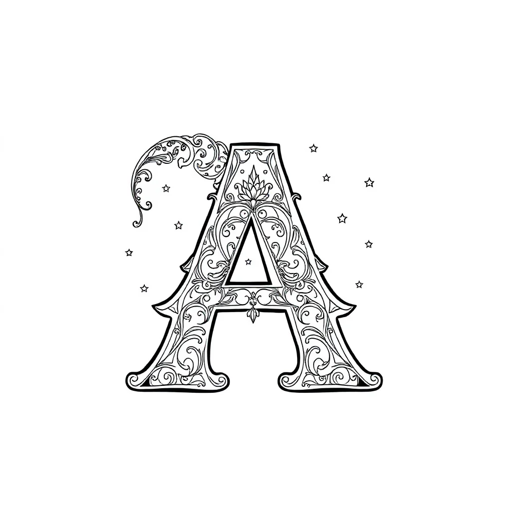 Alphabet an alphabet letter under the night sky with stars — detailed alphabet coloring page (ages 9+ & adults)