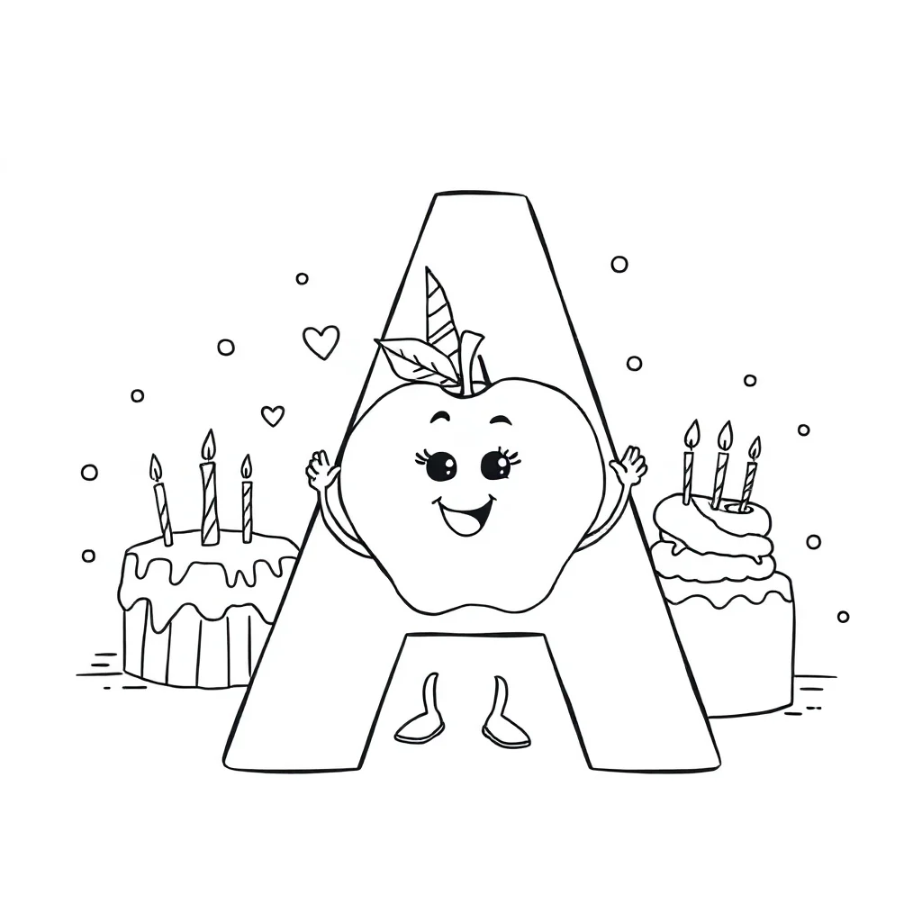 Alphabet the letter a with an apple celebrating a birthday — classic alphabet coloring page (ages 5–10)
