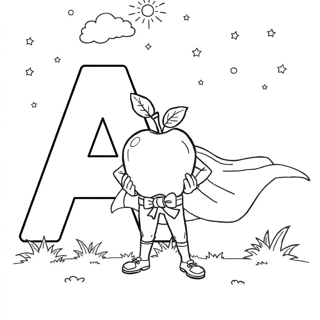 Alphabet the letter a with an apple in a superhero cape — classic alphabet coloring page (ages 5–10)