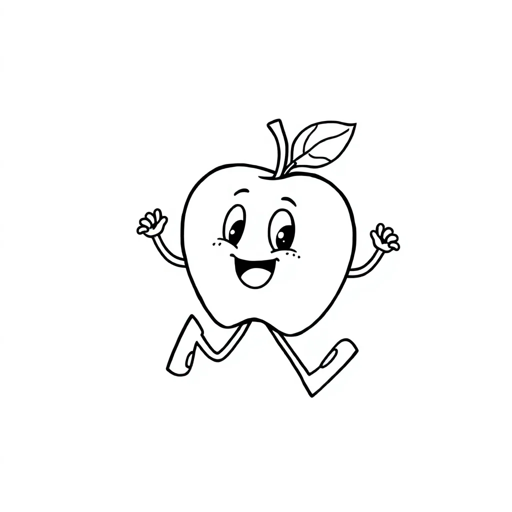 Alphabet the letter a with an apple running — easy alphabet coloring page (ages 2–5)