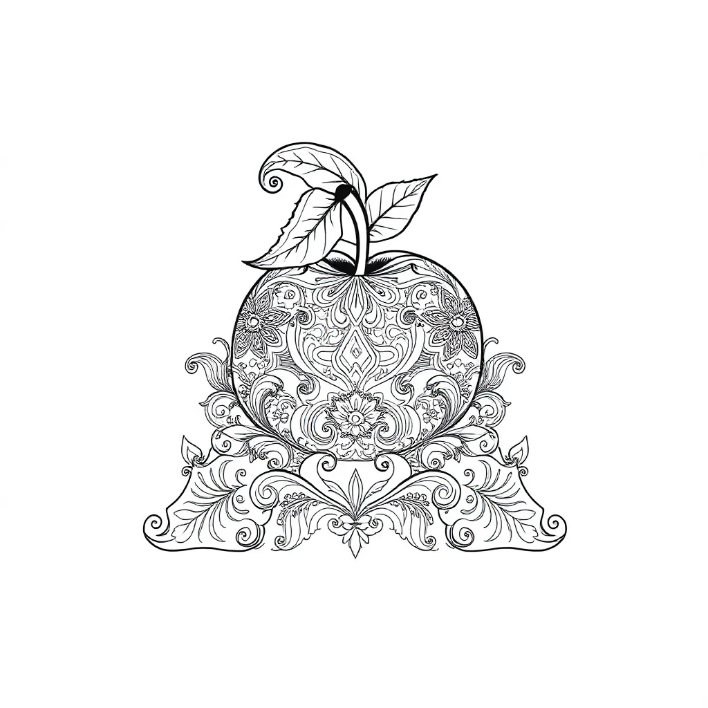 Alphabet the letter a with an apple sitting — detailed alphabet coloring page (ages 9+ & adults)