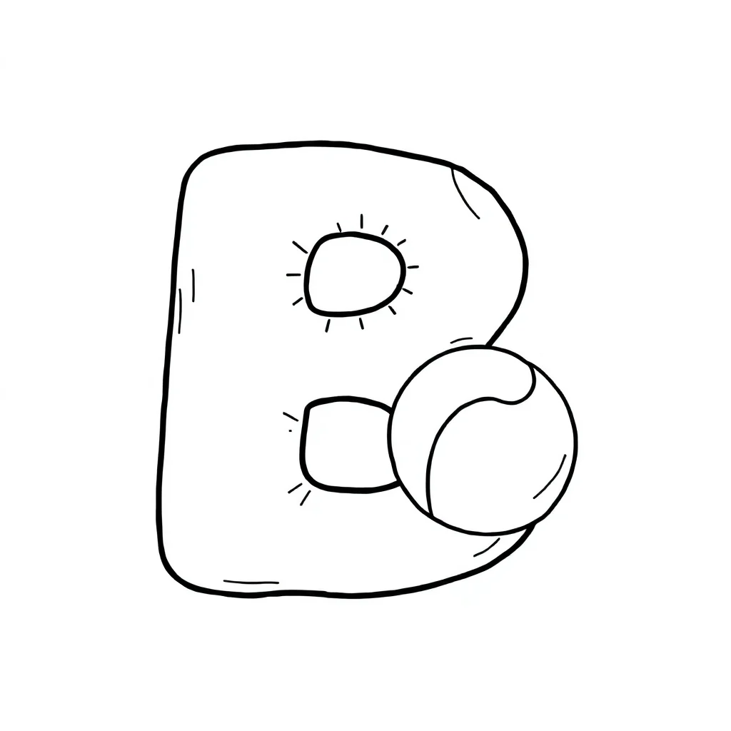 Alphabet the letter b with a ball flying — easy alphabet coloring page (ages 2–5)