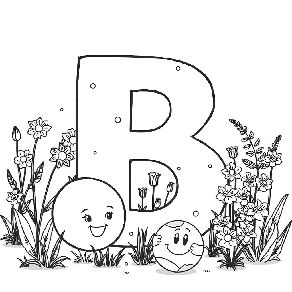 Alphabet the letter b with a ball in a flower garden — classic alphabet coloring page (ages 5–10)