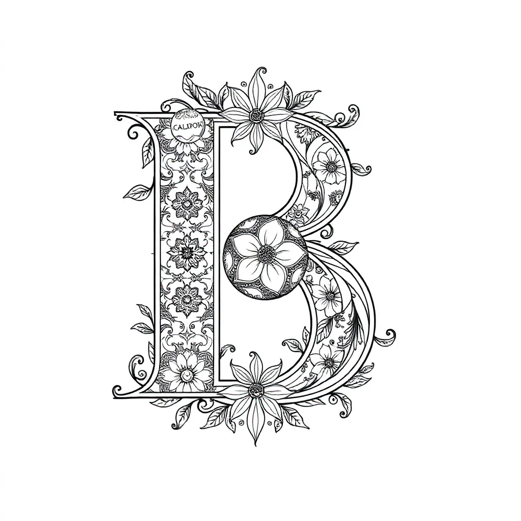Alphabet the letter b with a ball leaping mid air — detailed alphabet coloring page (ages 9+ & adults)