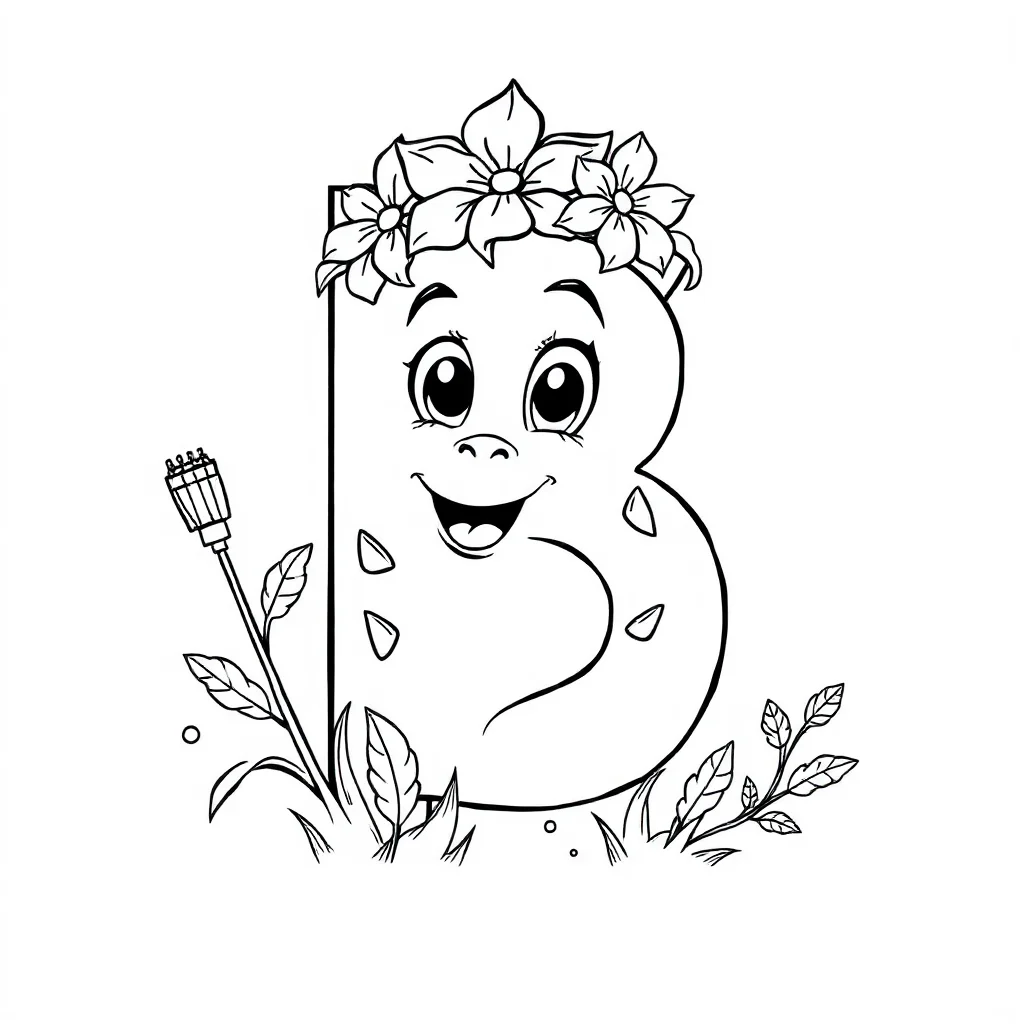 Alphabet the letter b with a ball wearing a flower crown — classic alphabet coloring page (ages 5–10)