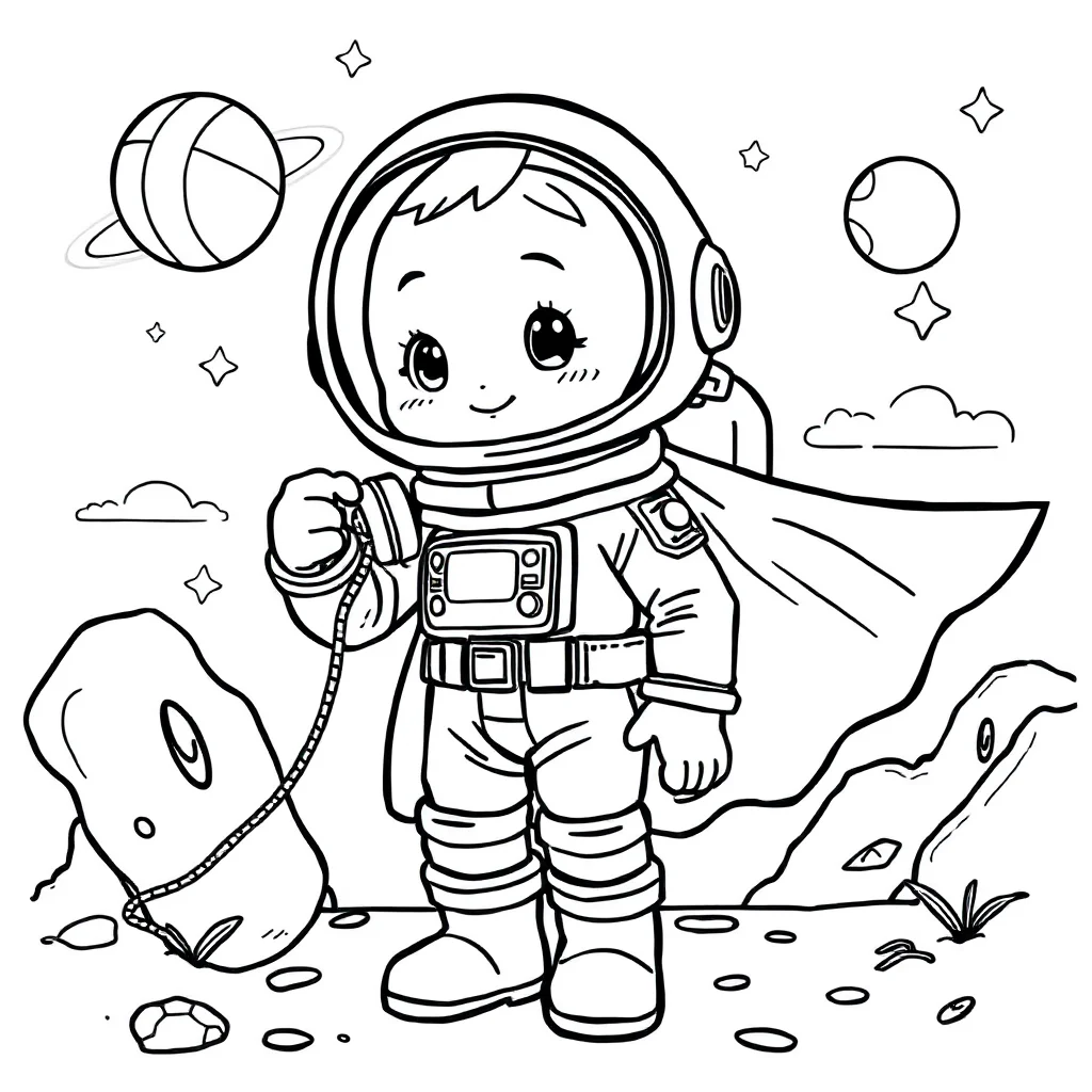 Astronauts a cute astronaut in a superhero cape — classic astronauts coloring page (ages 5–10)