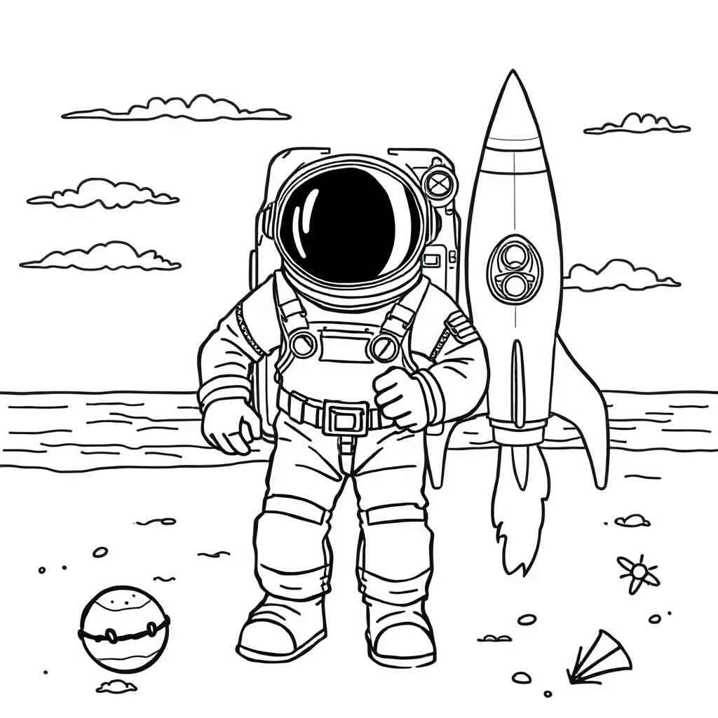 Astronauts an astronaut and a rocket on the beach — classic astronauts coloring page (ages 5–10)
