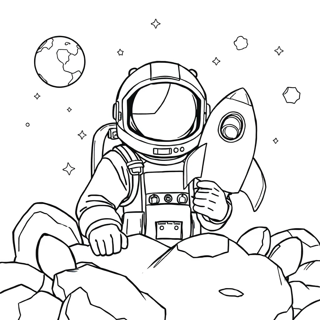 Astronauts an astronaut and a rocket peeking from behind something — classic astronauts coloring page (ages 5–10)
