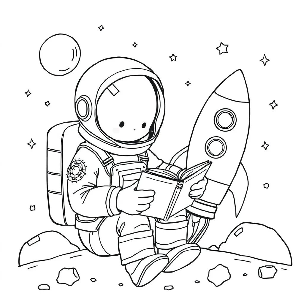 Astronauts an astronaut and a rocket reading a book — classic astronauts coloring page (ages 5–10)