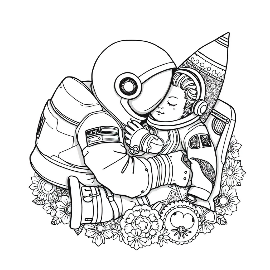 Astronauts an astronaut and a rocket sleeping curled up — detailed astronauts coloring page (ages 9+ & adults)