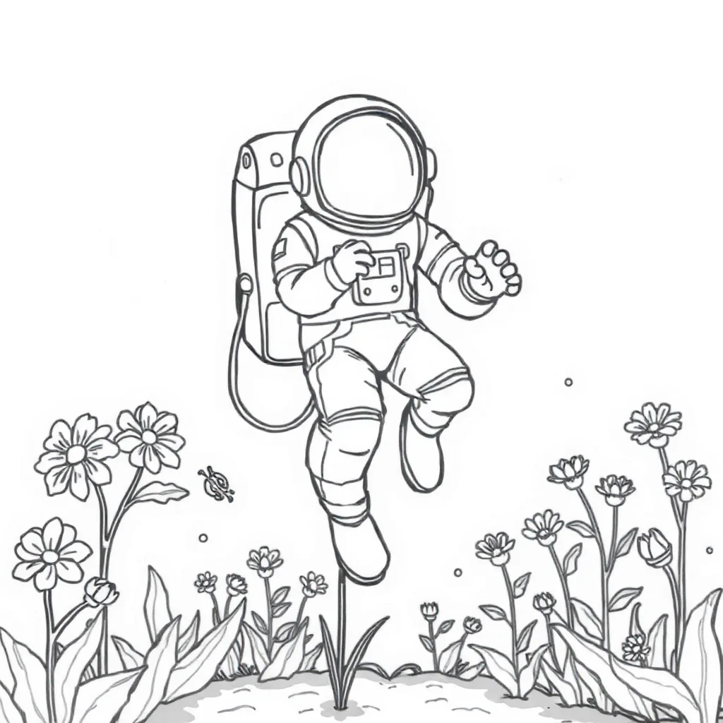 Astronauts an astronaut floating in a flower garden — classic astronauts coloring page (ages 5–10)