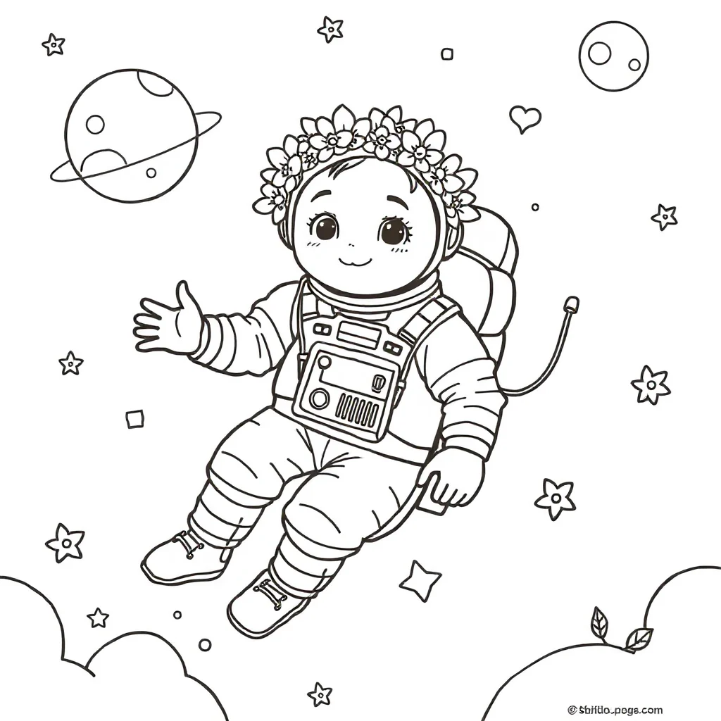Astronauts an astronaut floating wearing a flower crown — classic astronauts coloring page (ages 5–10)
