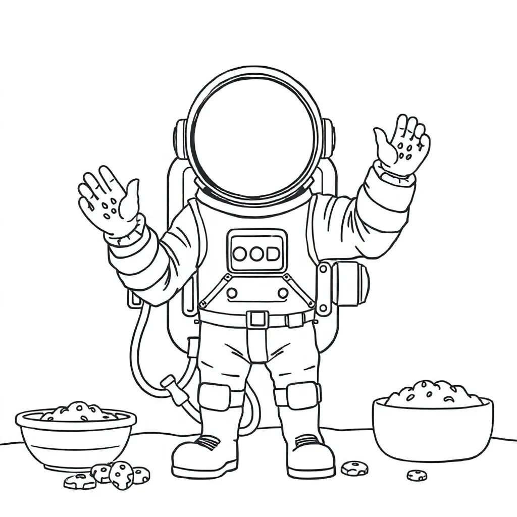 Astronauts an astronaut waving baking cookies — classic astronauts coloring page (ages 5–10)