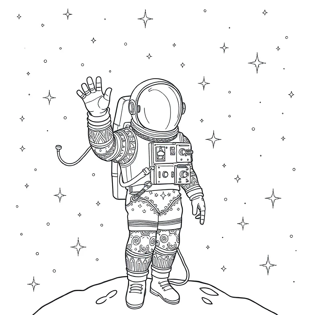 Astronauts an astronaut waving under the night sky with stars — detailed astronauts coloring page (ages 9+ & adults)