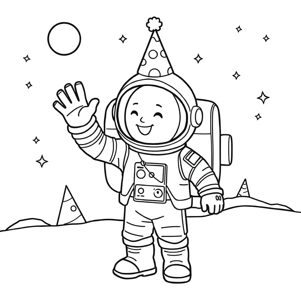 Astronauts an astronaut waving wearing a party hat — classic astronauts coloring page (ages 5–10)