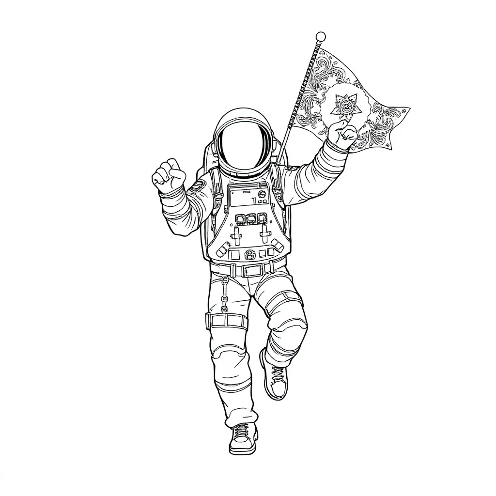 Astronauts an astronaut with a flag dancing — detailed astronauts coloring page (ages 9+ & adults)