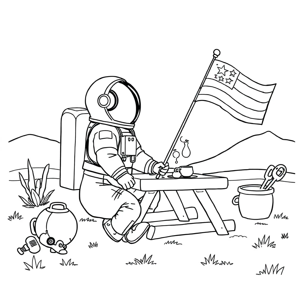 Astronauts an astronaut with a flag having a picnic — classic astronauts coloring page (ages 5–10)