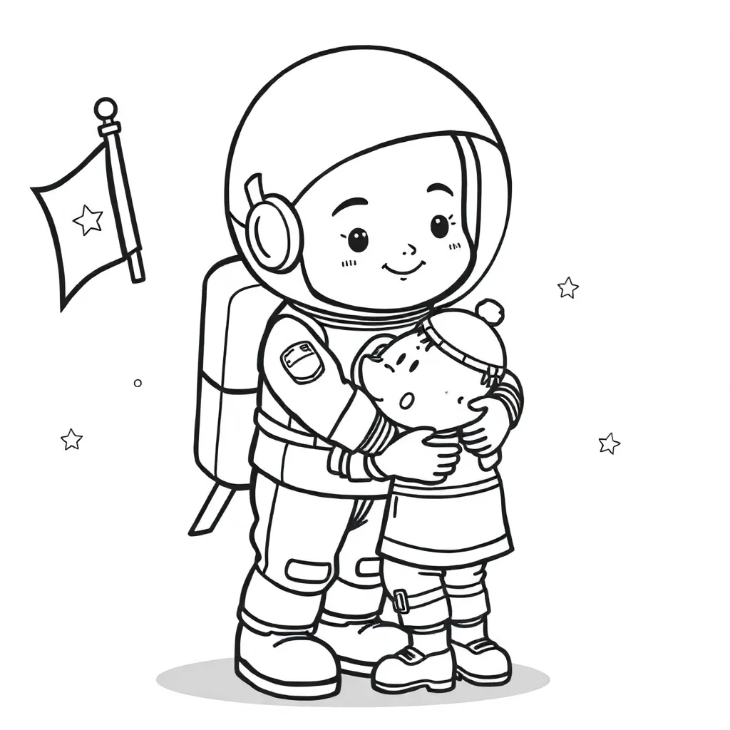 Astronauts an astronaut with a flag hugging a friend — easy astronauts coloring page (ages 2–5)