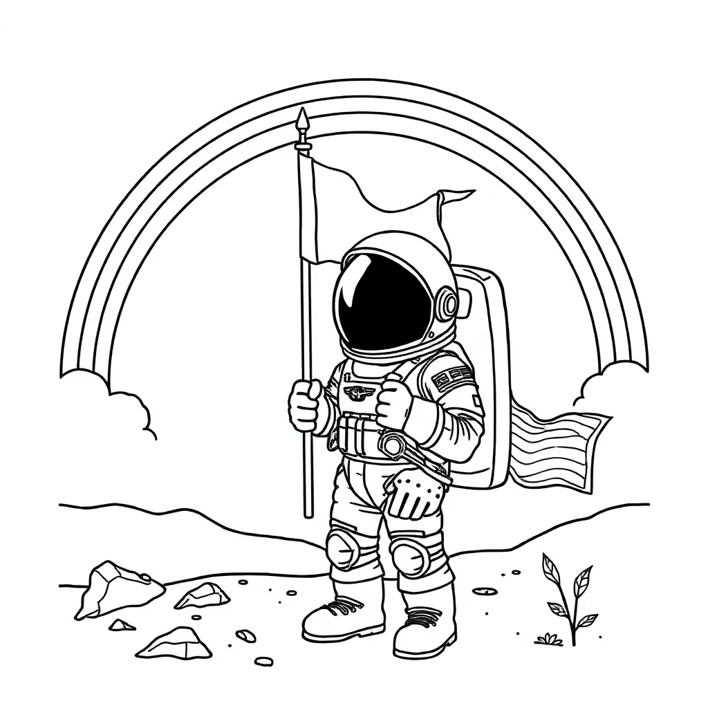 Astronauts an astronaut with a flag under a rainbow — classic astronauts coloring page (ages 5–10)