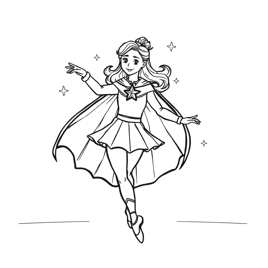 Ballerinas a ballerina dancing in a superhero cape — classic ballerinas coloring page (ages 5–10)