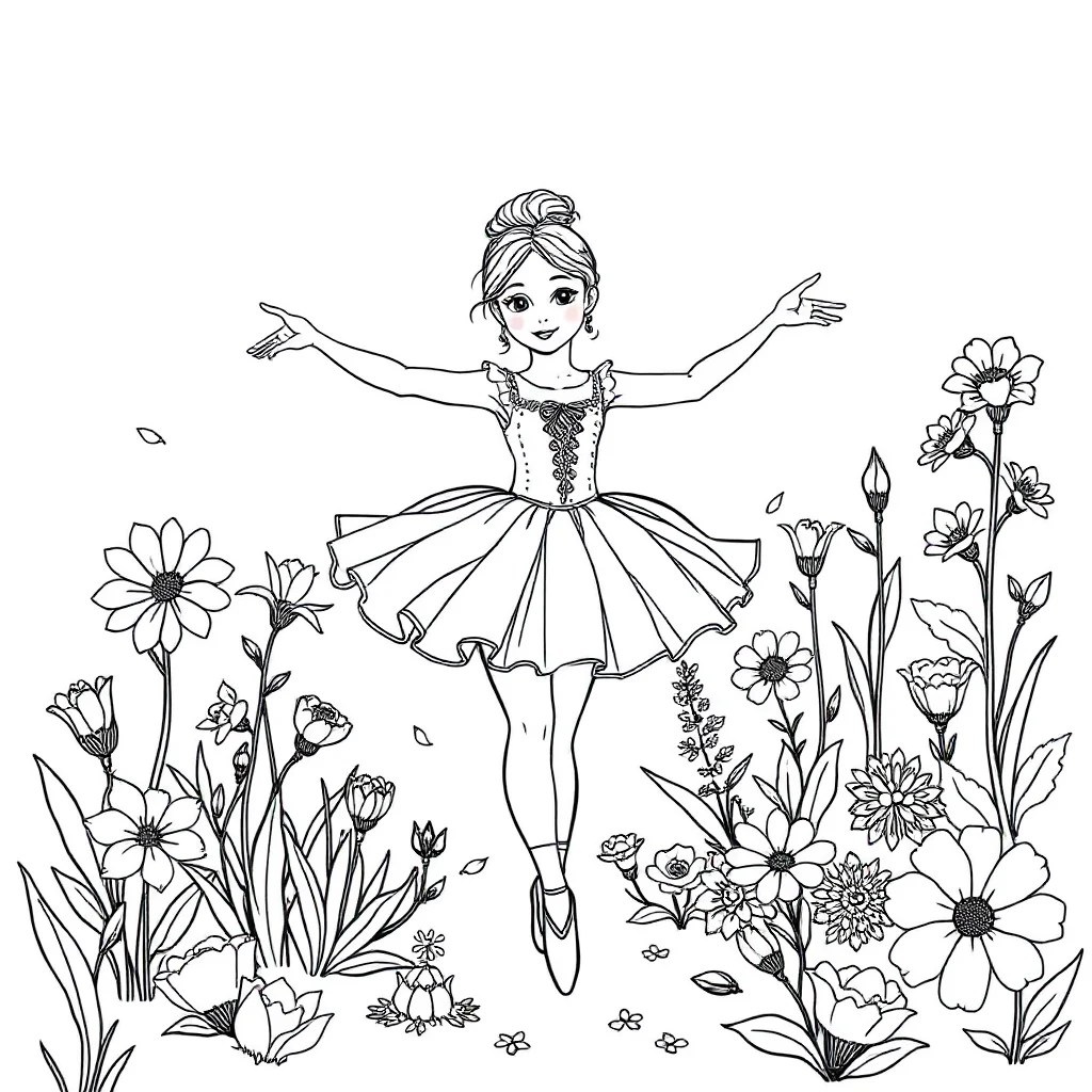 Ballerinas a ballerina in a tutu in a flower garden — classic ballerinas coloring page (ages 5–10)