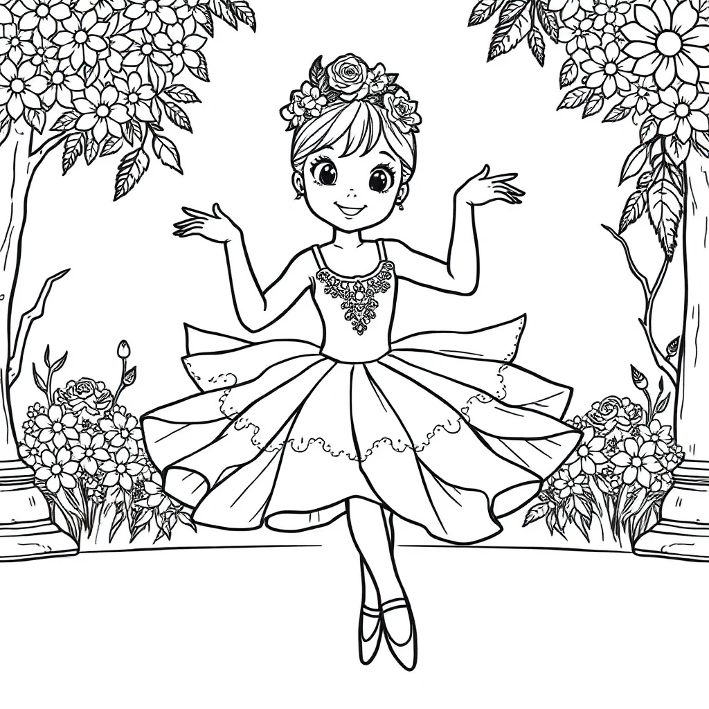 Ballerinas a ballerina in a tutu wearing a flower crown — classic ballerinas coloring page (ages 5–10)