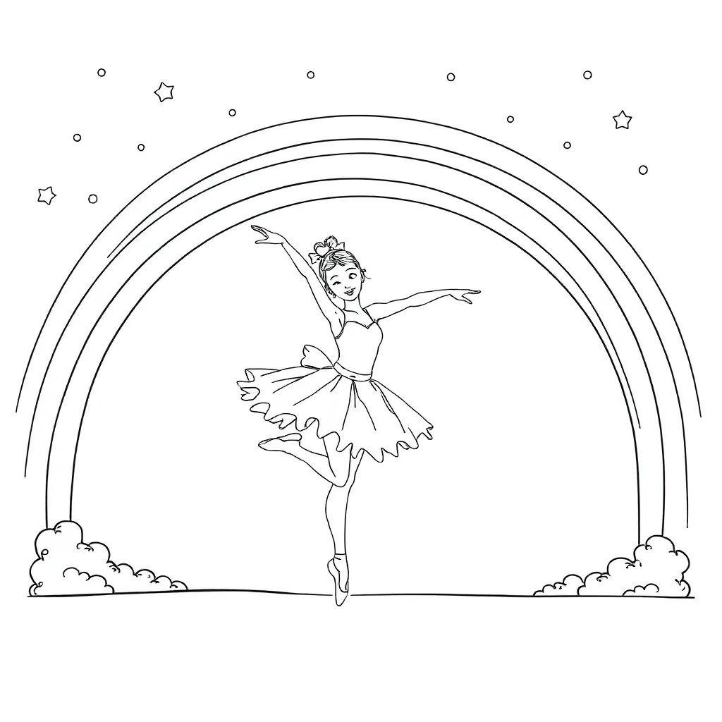 Ballerinas a ballerina on pointe under a rainbow — classic ballerinas coloring page (ages 5–10)