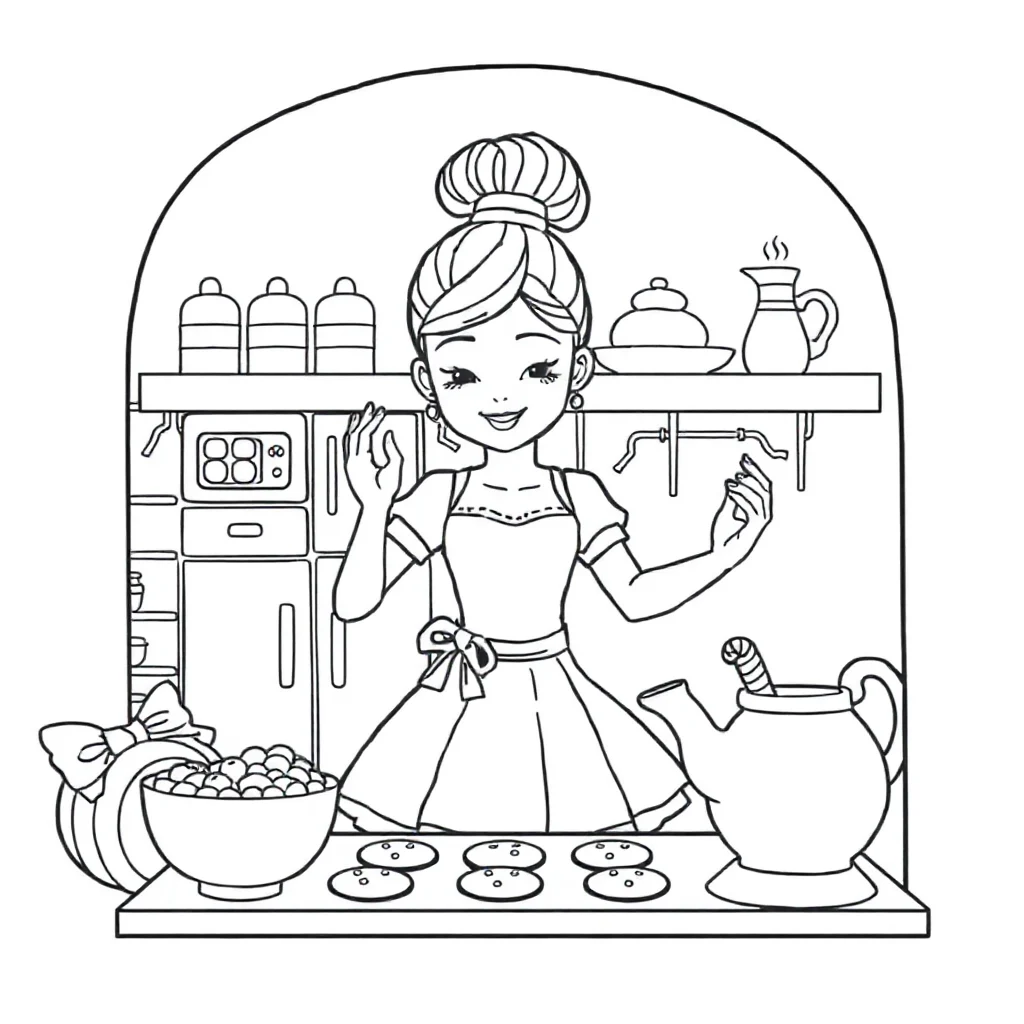 Ballerinas a ballerina with ribbons baking cookies — classic ballerinas coloring page (ages 5–10)