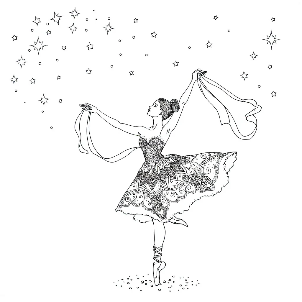 Ballerinas a ballerina with ribbons under the night sky with stars — detailed ballerinas coloring page (ages 9+ & adults)