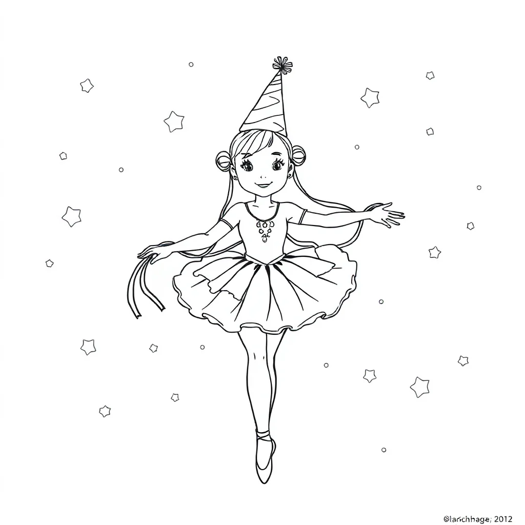 Ballerinas a ballerina with ribbons wearing a party hat — classic ballerinas coloring page (ages 5–10)