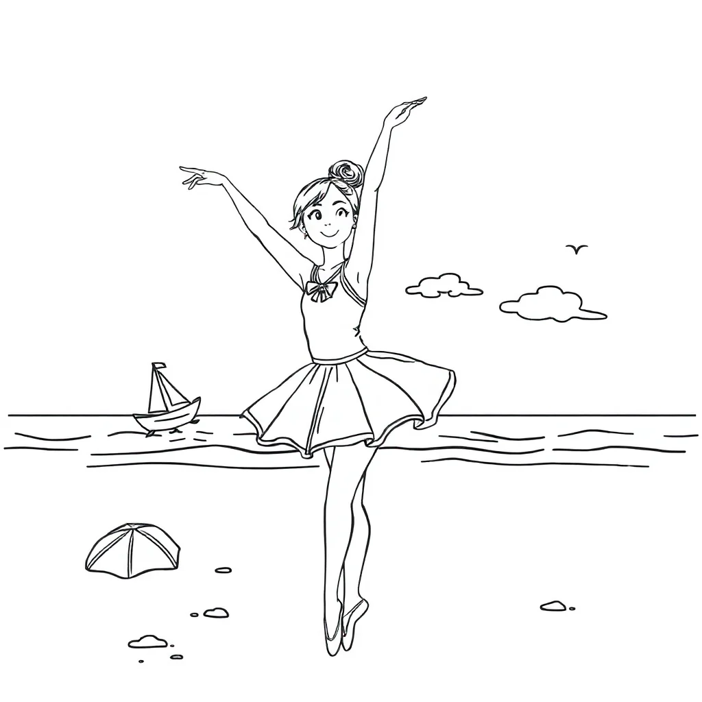 Ballerinas a cute ballerina on the beach — classic ballerinas coloring page (ages 5–10)