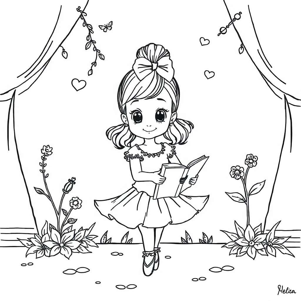 Ballerinas a cute ballerina reading a book — classic ballerinas coloring page (ages 5–10)