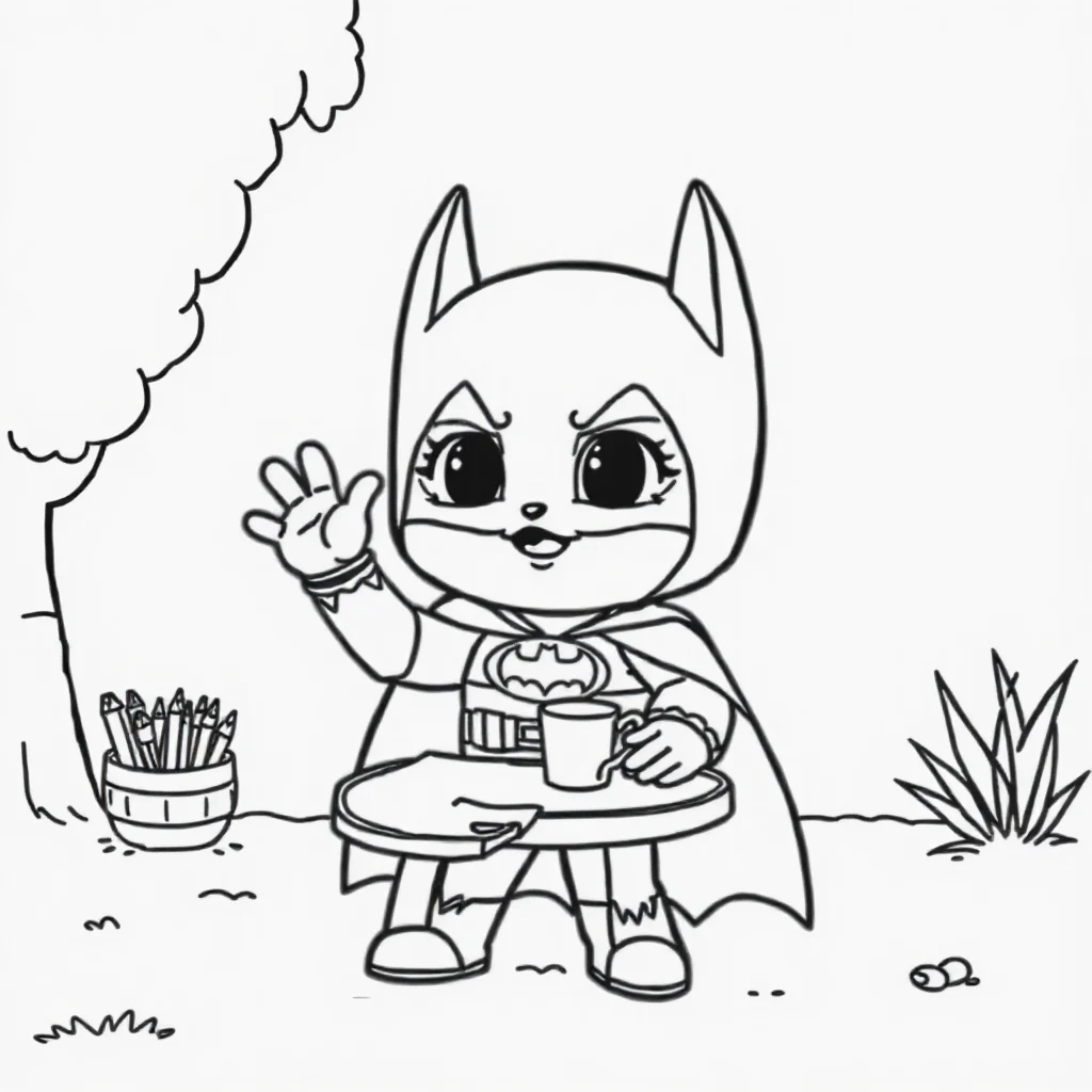 Batman a cute chibi batman waving having a picnic — classic batman coloring page (ages 5–10)