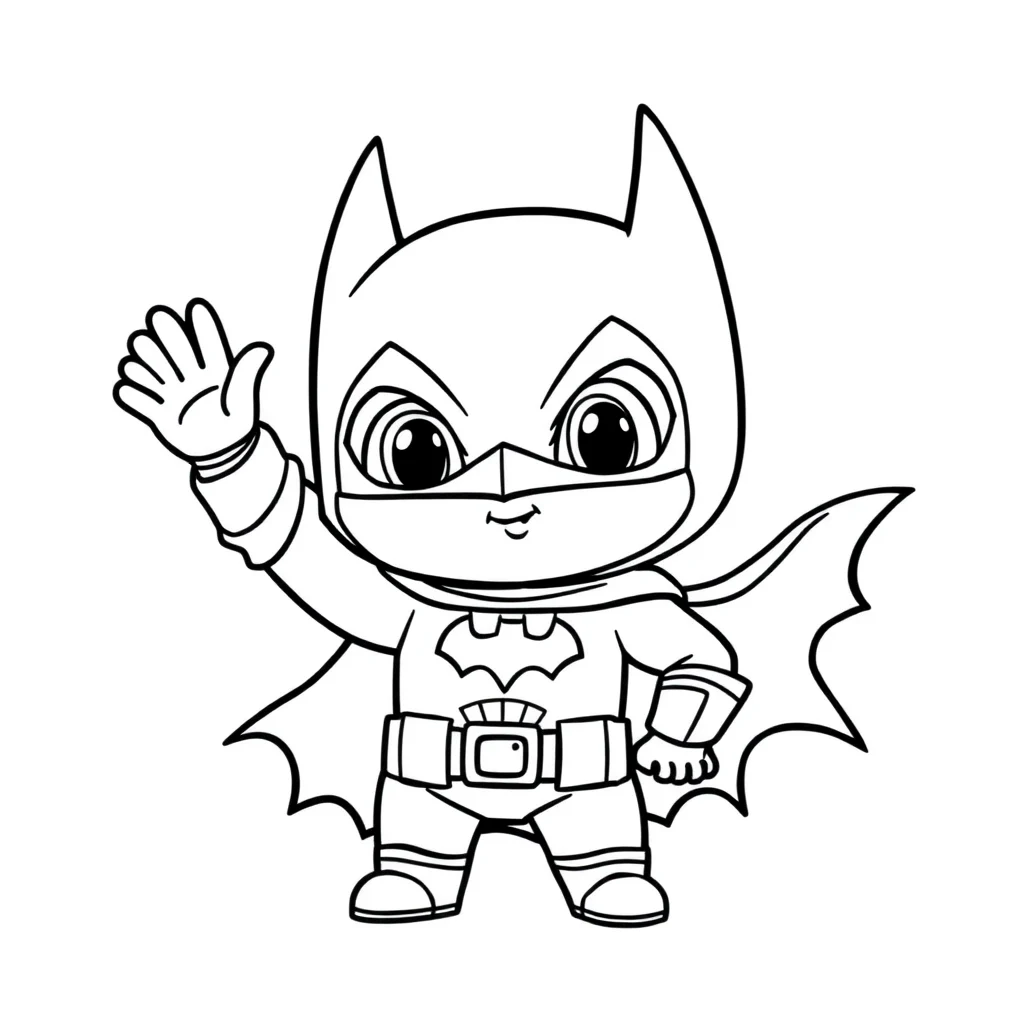 Batman a cute chibi batman waving — easy batman coloring page (ages 2–5)