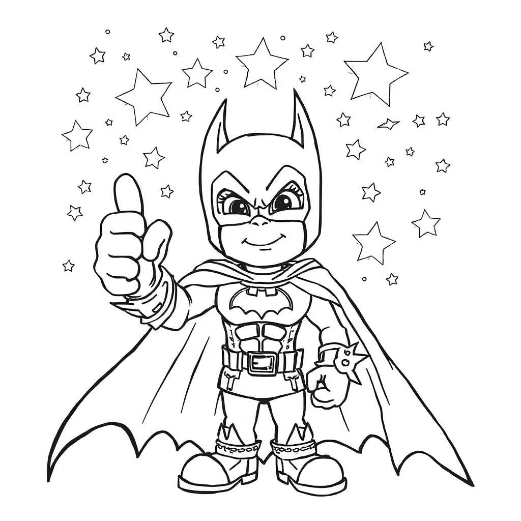 Batman a friendly cartoon batman giving a thumbs up under the night — detailed batman coloring page (ages 9+ & adults)