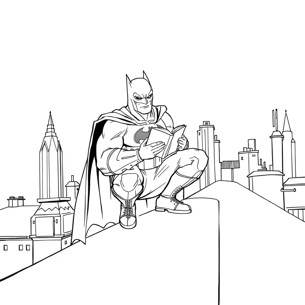 Batman batman crouching on a rooftop reading a book — classic batman coloring page (ages 5–10)