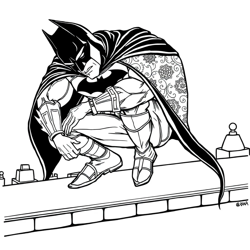 Batman batman crouching on a rooftop sleeping curled up — detailed batman coloring page (ages 9+ & adults)